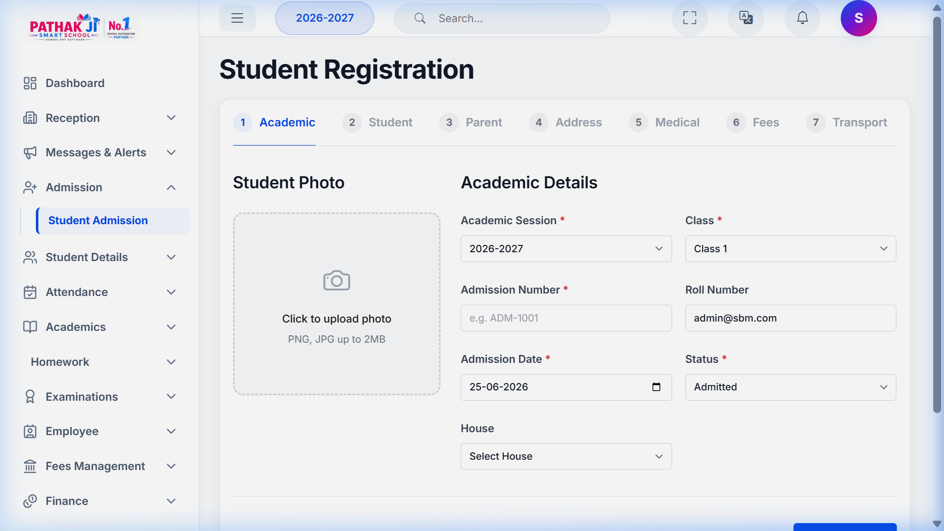 PATHAK JI Smart School ERP Admission Module Screenshot