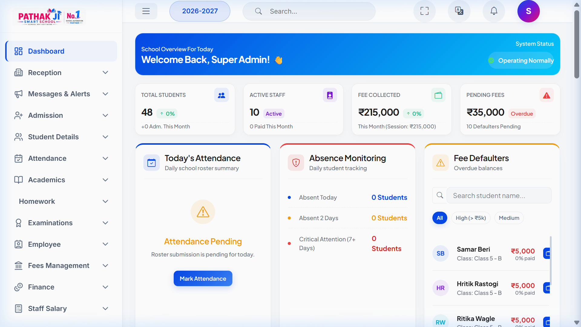 PATHAK JI Smart School ERP Dashboard Screenshot